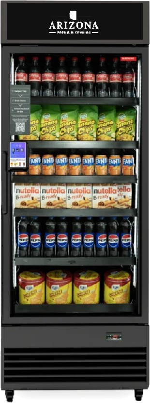 Arizona Premium Vending tap-to-pay smart cooler stocked with cold drinks and snacks